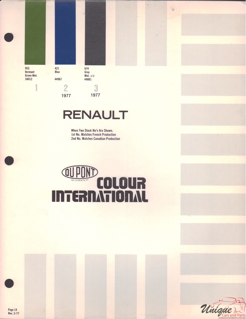 1977 Renault International Paint Charts DuPont 3